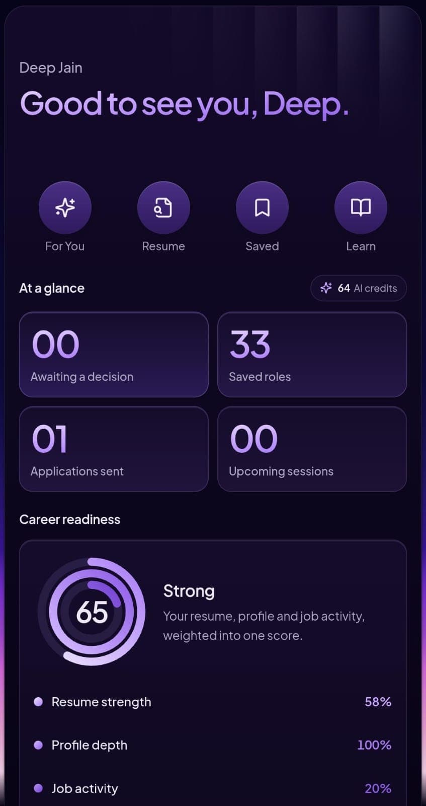 The ClimbitUp candidate dashboard: career readiness score, saved roles and application activity.